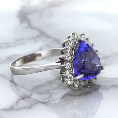 5.06ct Trillion Tanzanite Ring with Diamond Halo in 14K White Gold