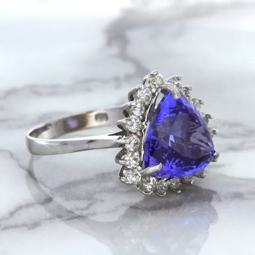 5.06ct Trillion Tanzanite Ring with Diamond Halo in 14K White Gold
