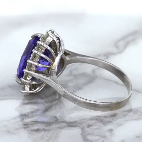 5.06ct Trillion Tanzanite Ring with Diamond Halo in 14K White Gold