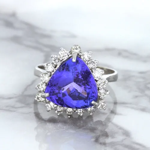 5.06ct Trillion Tanzanite Ring with Diamond Halo in 14K White Gold
