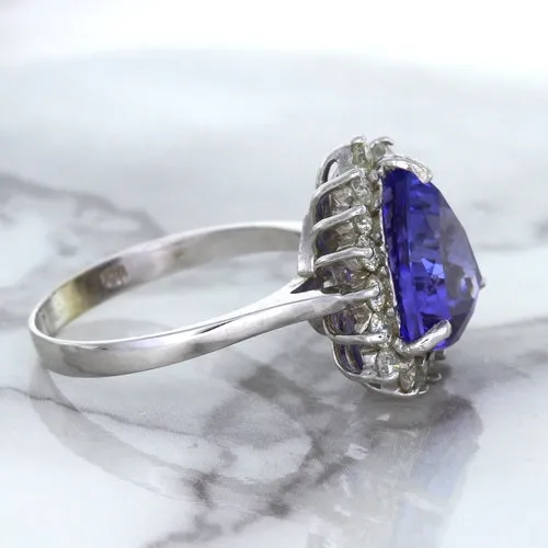 5.06ct Trillion Tanzanite Ring with Diamond Halo in 14K White Gold