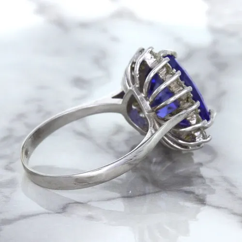 5.06ct Trillion Tanzanite Ring with Diamond Halo in 14K White Gold