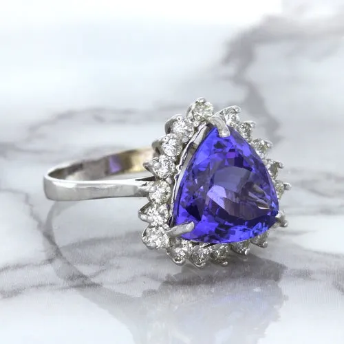 5.06ct Trillion Tanzanite Ring with Diamond Halo in 14K White Gold