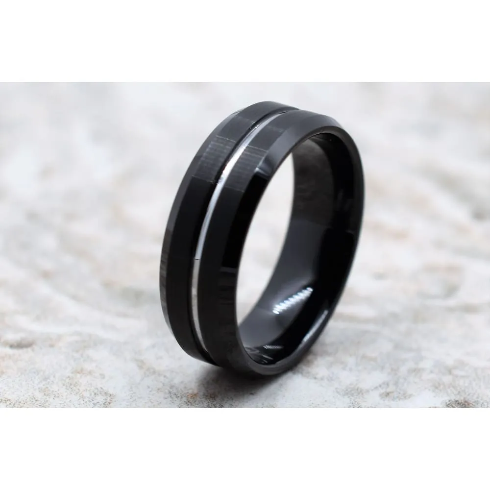 Black Tungsten Carbide Ring  Brushed Finish with Silver Colored Center Groove 8mm