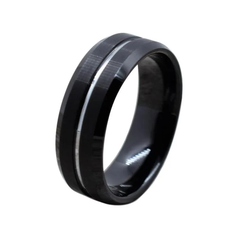 Black Tungsten Carbide Ring  Brushed Finish with Silver Colored Center Groove 8mm