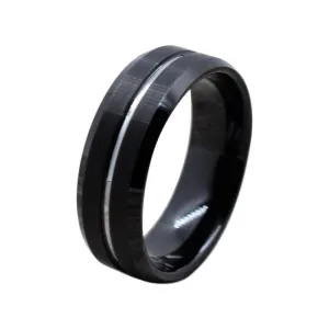 Black Tungsten Carbide Ring  Brushed Finish with Silver Colored Center Groove 8mm