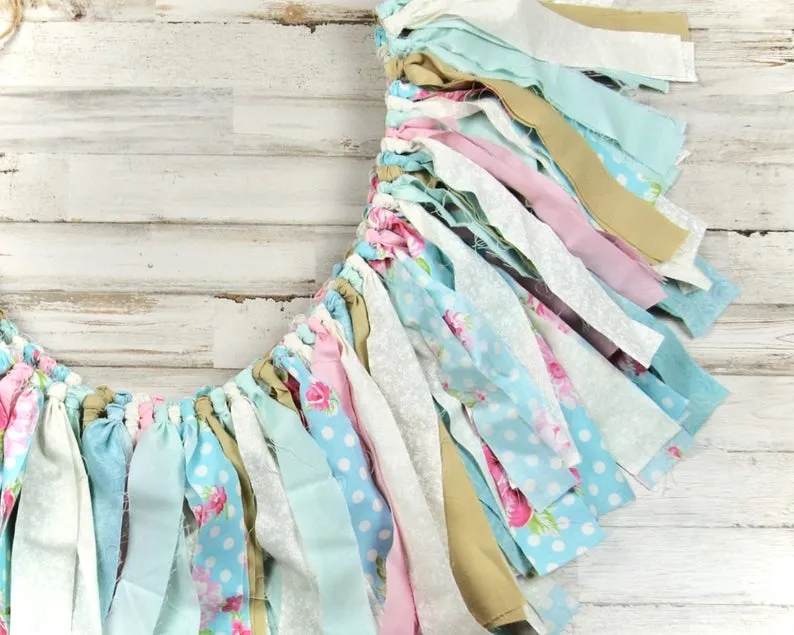 Floral robin's egg blue shabby chic fabric banner