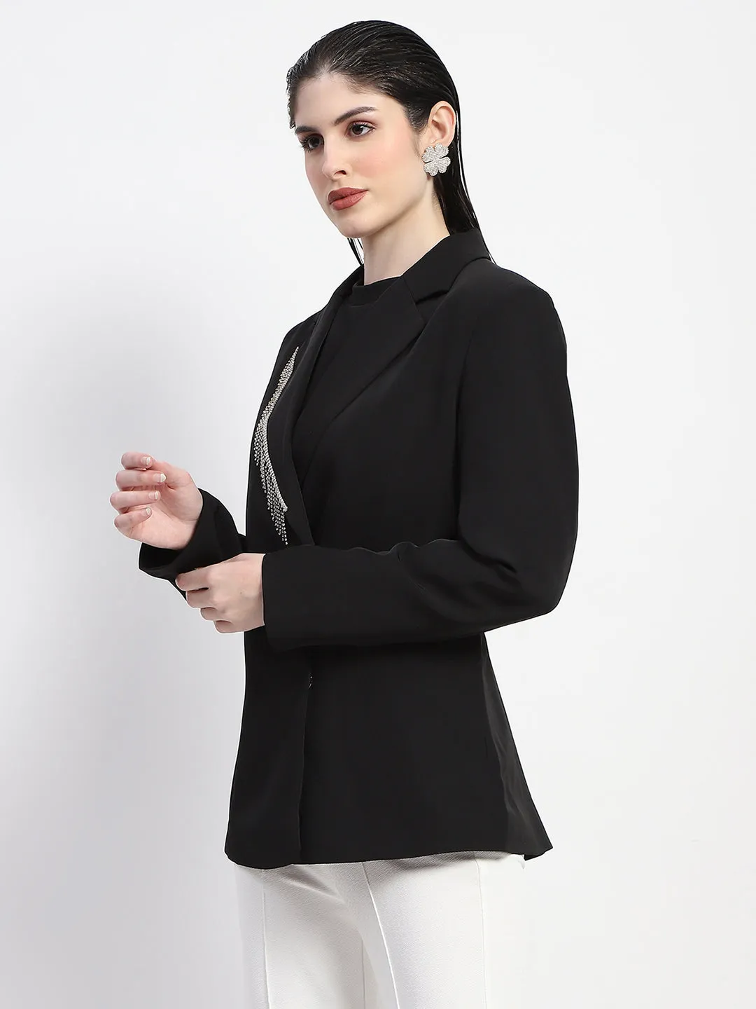 Madame Chain Adorned Notched Lapel Neckline Black Blazer