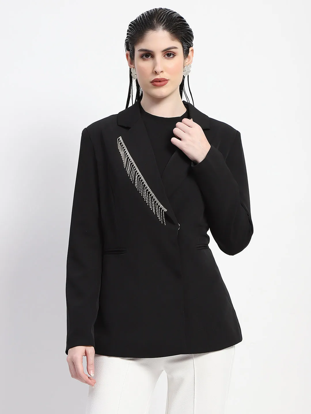 Madame Chain Adorned Notched Lapel Neckline Black Blazer