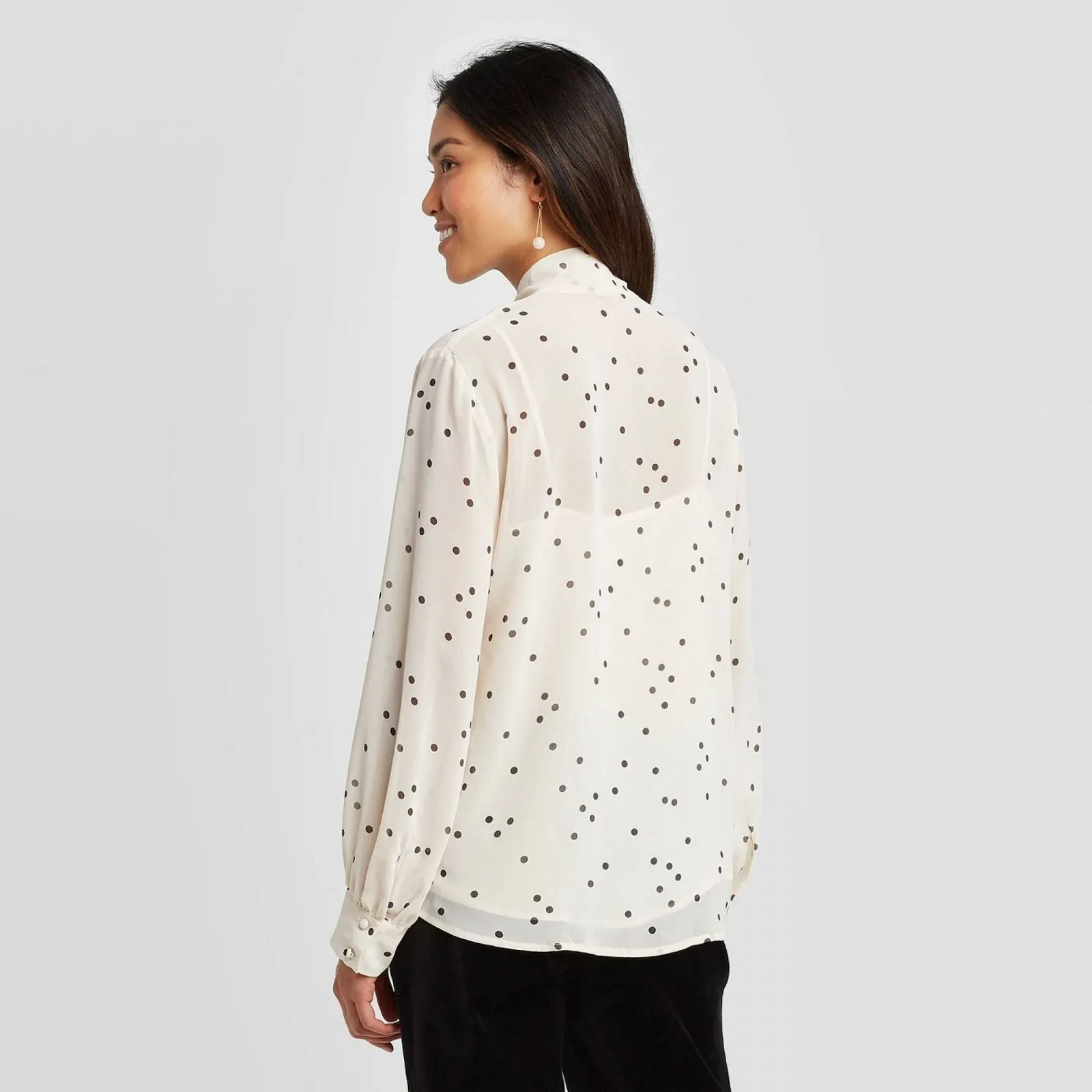 NWT A New Day Women's Polka Dot Print Long Sleeve V-Neck Front Tie Top