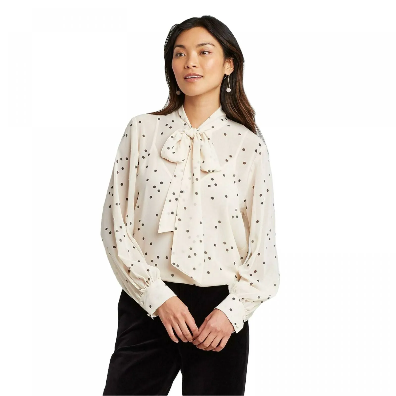 NWT A New Day Women's Polka Dot Print Long Sleeve V-Neck Front Tie Top