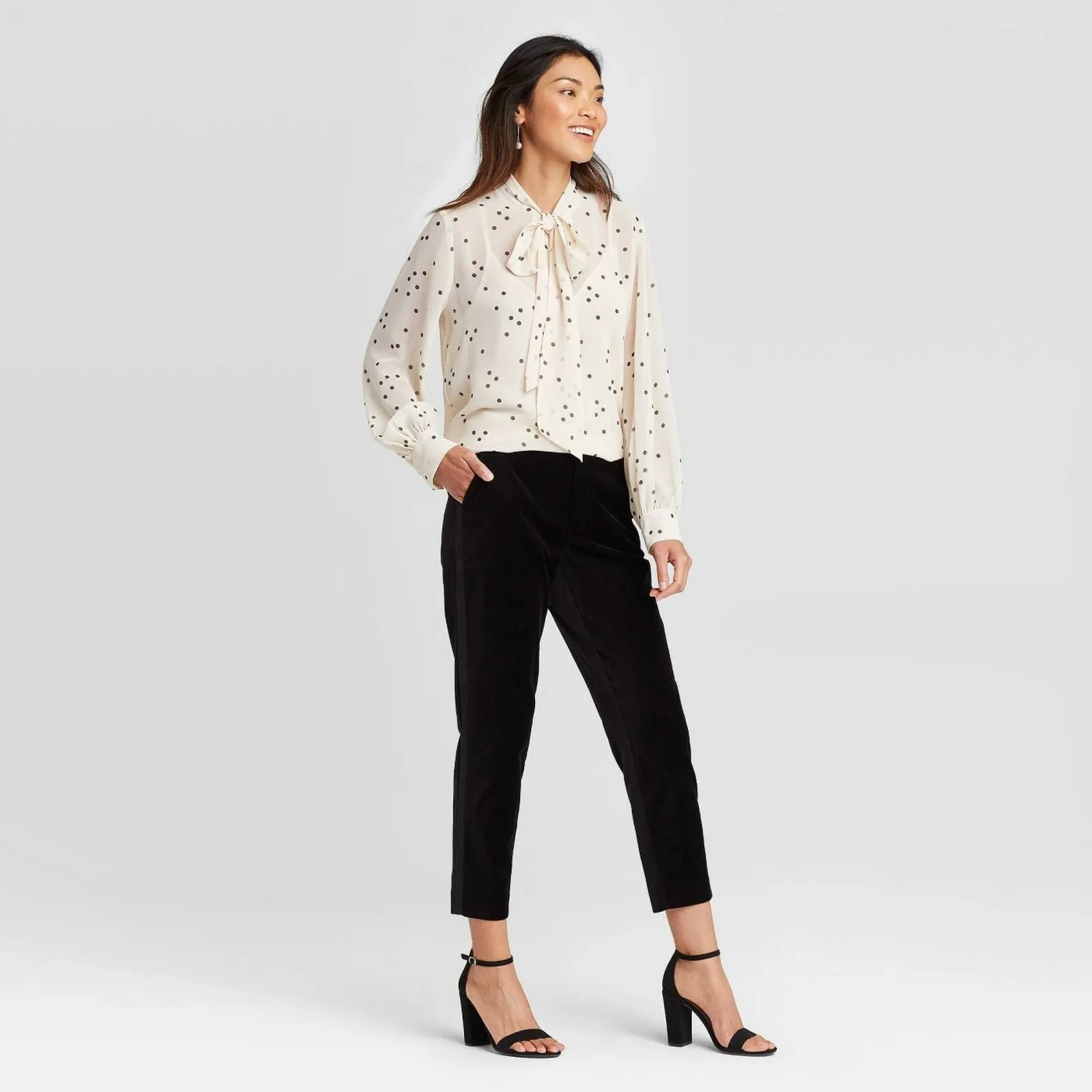 NWT A New Day Women's Polka Dot Print Long Sleeve V-Neck Front Tie Top
