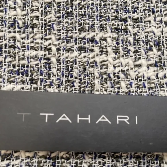 T Tahari Black White Cotton Tweed Patchwork Cropped Collarless Jacket Medium