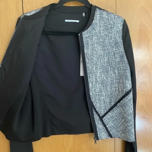T Tahari Black White Cotton Tweed Patchwork Cropped Collarless Jacket Medium